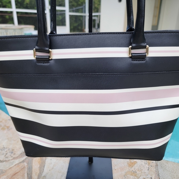 Kate Spade Black, White And Blush Pink Vinyl Striped Tote With Leather Trim - Picture 5 of 11